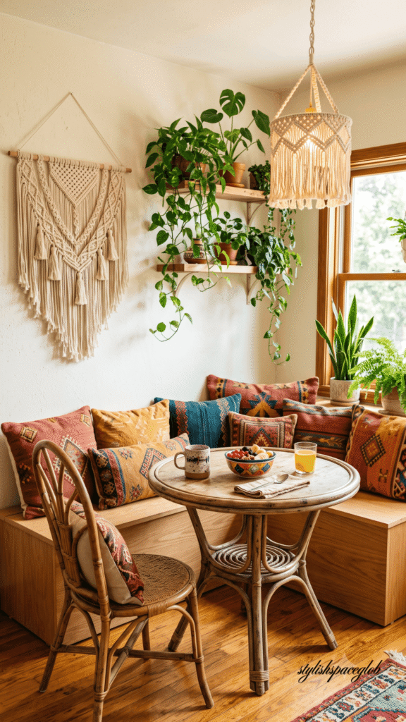 Vertical photograph of a bohemian breakfast nook against a sunlit wall. An L-shaped wooden bench features Moroccan pillows under a macrame wall hanging and floating shelves with trailing pothos plants. A round rattan table and vintage cane chair sit on polished hardwood floors beneath a fringed pendant light, creating a highly functional, creative, and warm kitchen dining area for the entire family to enjoy today.